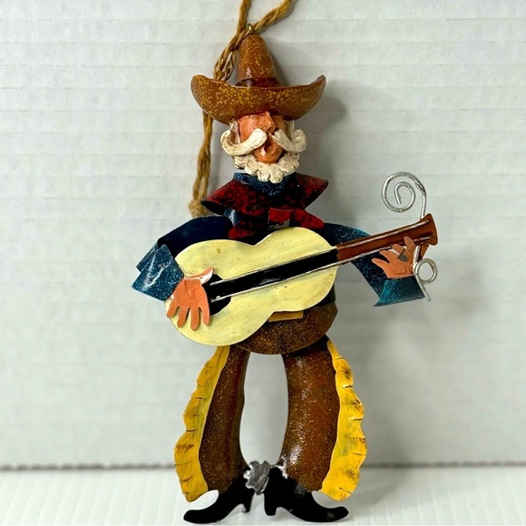 Rustic Tin Metal Singing Cowboy Playing Guitar Marionette Christmas Ornament - Picture 1 of 6